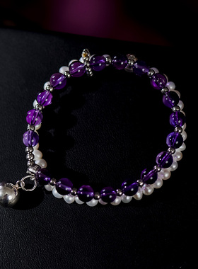 简兮天然珍珠紫水晶手串S925银饰品多圈佛珠手链女优雅复古手镯