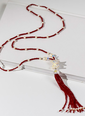 天然毛衣链长款红色秋冬水晶项