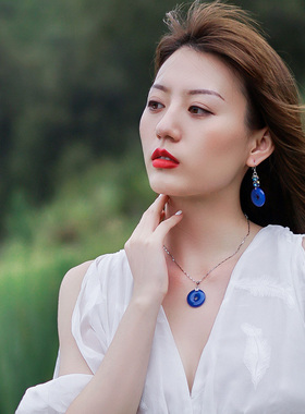 银饰品蓝色平安扣吊坠项链