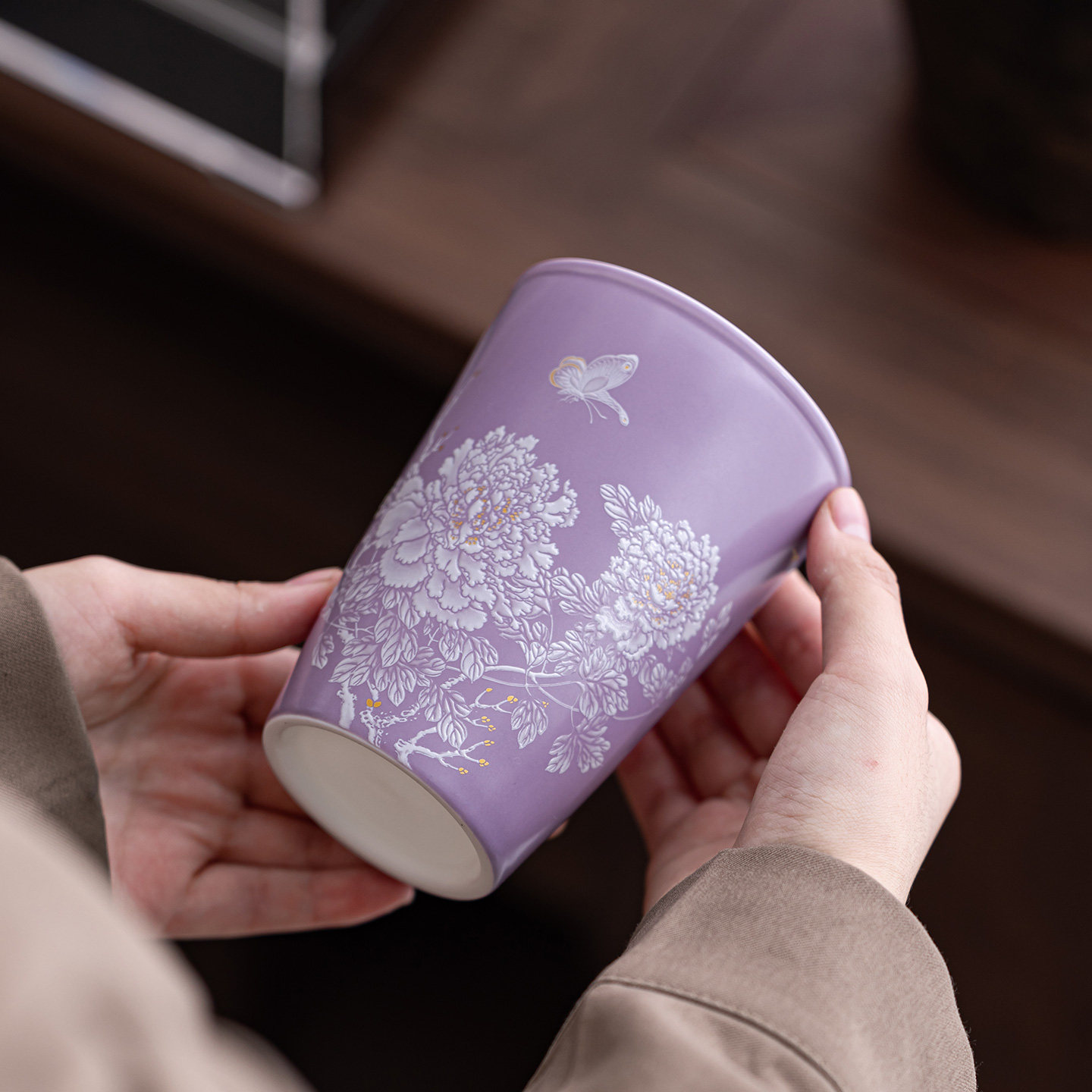 精致手绘紫釉牡丹茶杯家用陶瓷主人杯可乐杯个人喝茶杯功夫茶具,淘宝优惠券,粉丝福利购,淘宝优惠卷