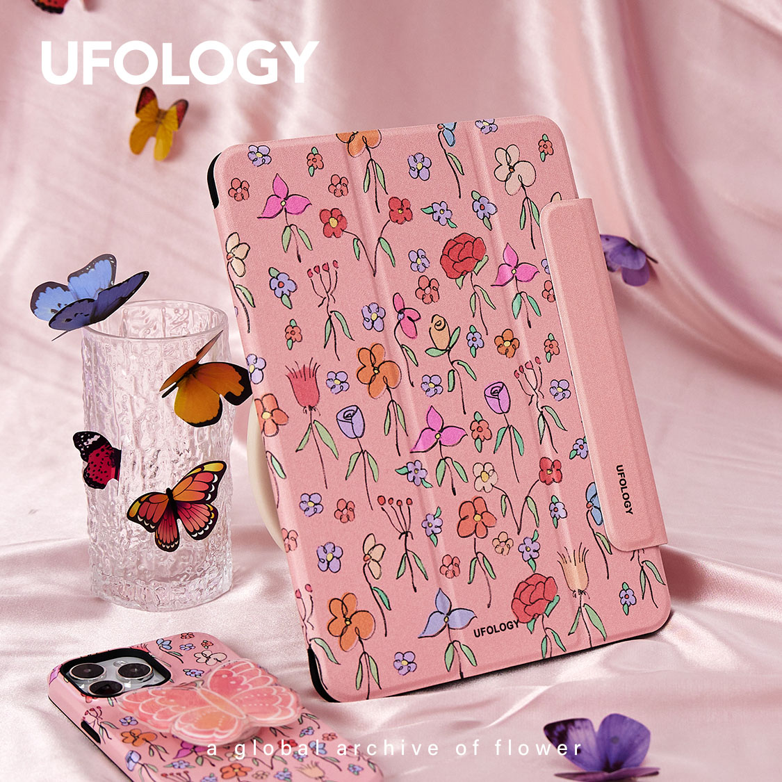 Ufology原创粉色碎花朵ipadair4/5保护套ipadpro2020壳2021双面2022磁吸平板壳mini6条纹9代春air3春天ipad10 - 图0