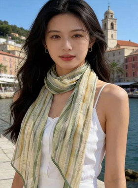 薄款绿色条纹斜角飘带长条巾丝巾