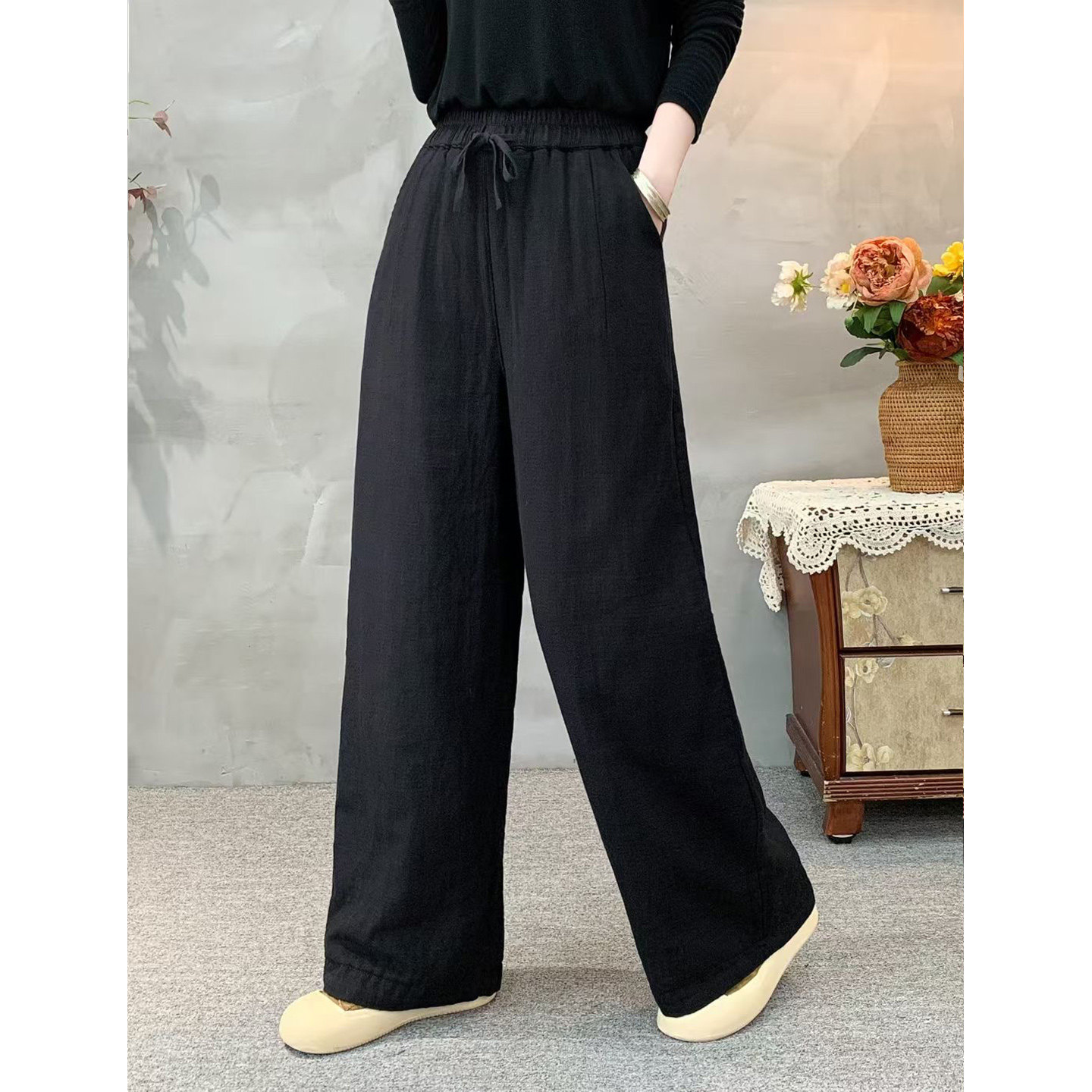 复古加绒加厚棉纱松紧腰系带休闲裤女春秋大码显瘦百搭阔脚直筒裤,淘宝优惠券,粉丝福利购,淘宝优惠卷