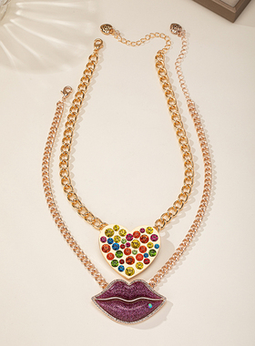 欧美夸张项链重工镶嵌爱心嘴唇嘻哈锁骨毛衣链潮流先锋小众女辣妹