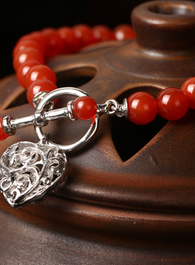 诗美琪 925银中国红玛瑙心锁女士本命年礼物手链