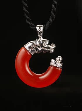 诗美琪 中国红玛瑙925银龙珠男士玛瑙项链本命年礼物