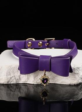 Puppy真皮蝴蝶结宝石吊坠项圈choker女m颈饰牵引链k9脖圈刻字定制