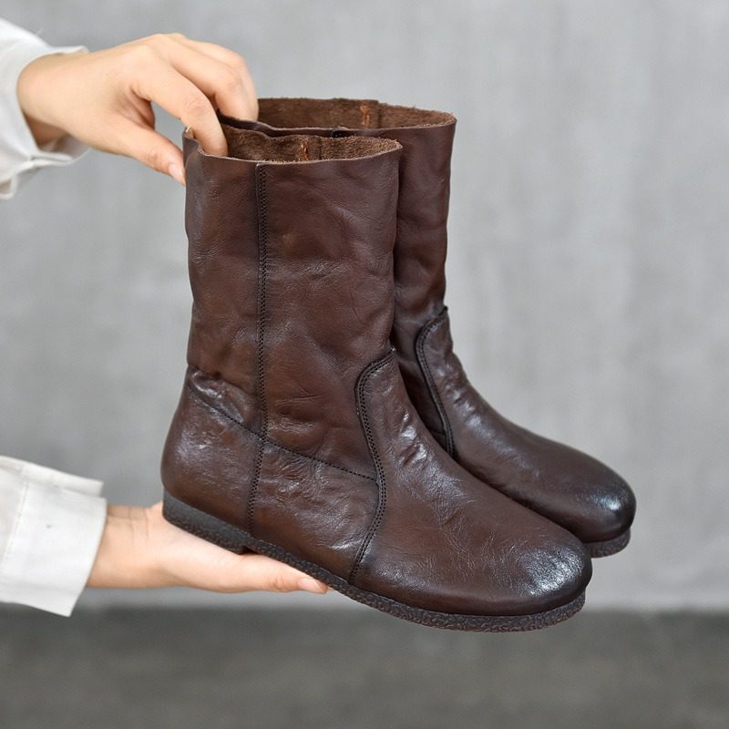 秋冬真皮单靴平底复古手抓纹头层牛皮中筒靴两穿牛皮舒适棕色短靴,淘宝优惠券,粉丝福利购,淘宝优惠卷