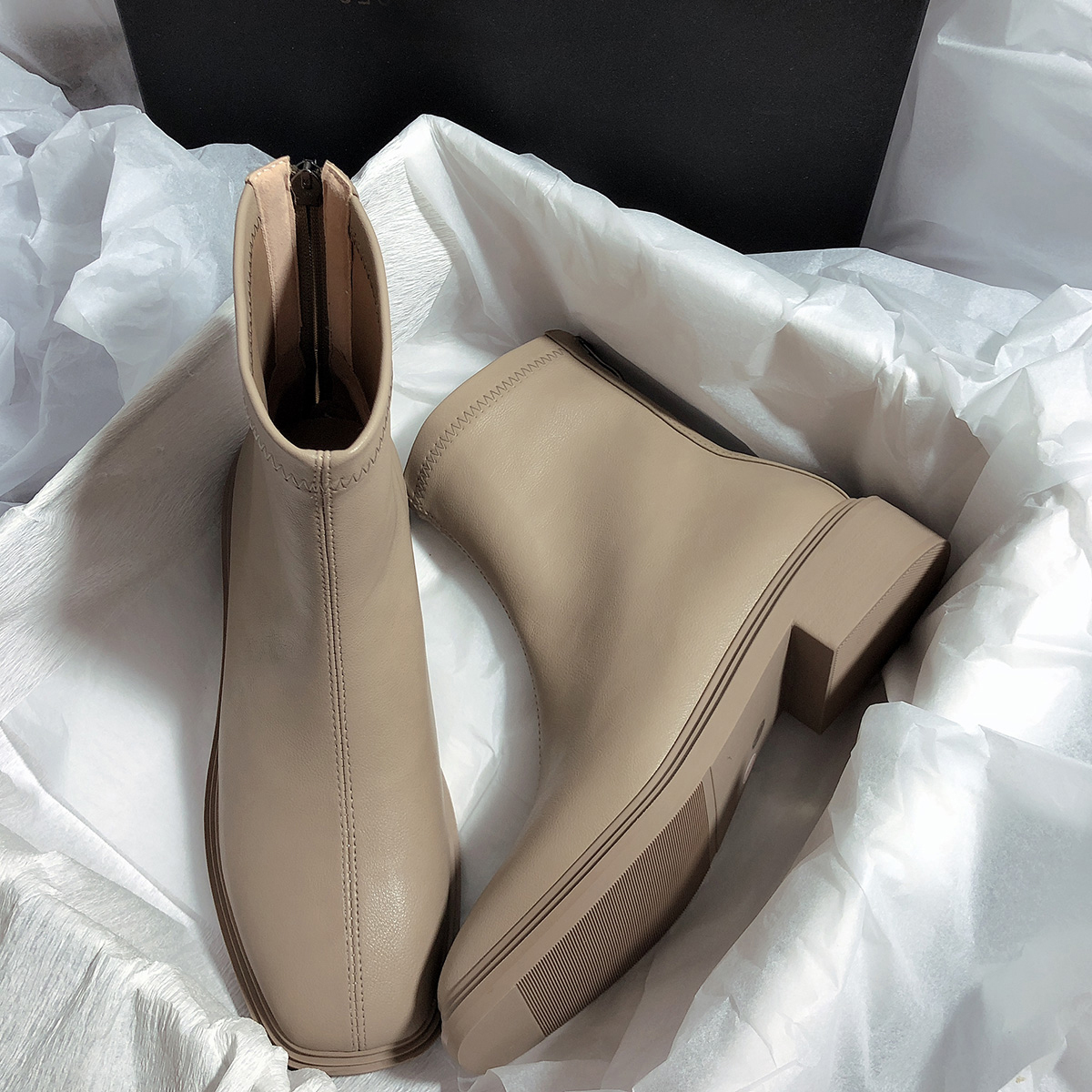 2025秋冬新款真皮平底方头粗跟弹力靴简约百搭时尚休闲瘦瘦短靴女 - 图0