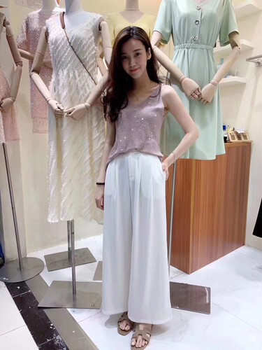 艾丽轩女装广州UUS店春夏薄款甜美清凉高腰垂坠面料阔腿裤长裤 - 图1