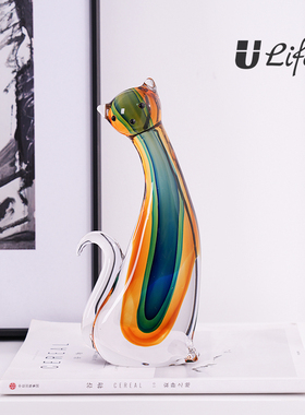 琉璃艺术招财猫摆件抽象混彩动物