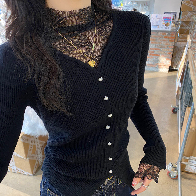 V领蕾丝打底衫女内搭2025秋冬冬新款高级感外穿毛衣针织好看上衣,淘宝优惠券,粉丝福利购,淘宝优惠卷