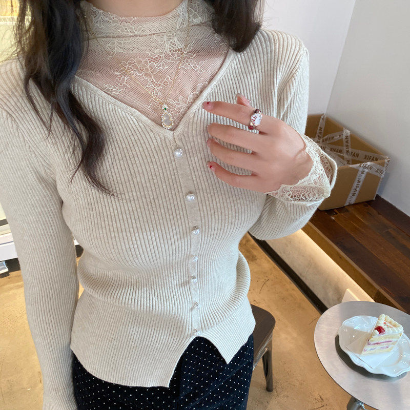 V领蕾丝打底衫女内搭2025秋冬冬新款高级感外穿毛衣针织好看上衣,淘宝优惠券,粉丝福利购,淘宝优惠卷