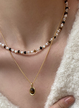 秋冬新款虎眼石串珠项链美拉德