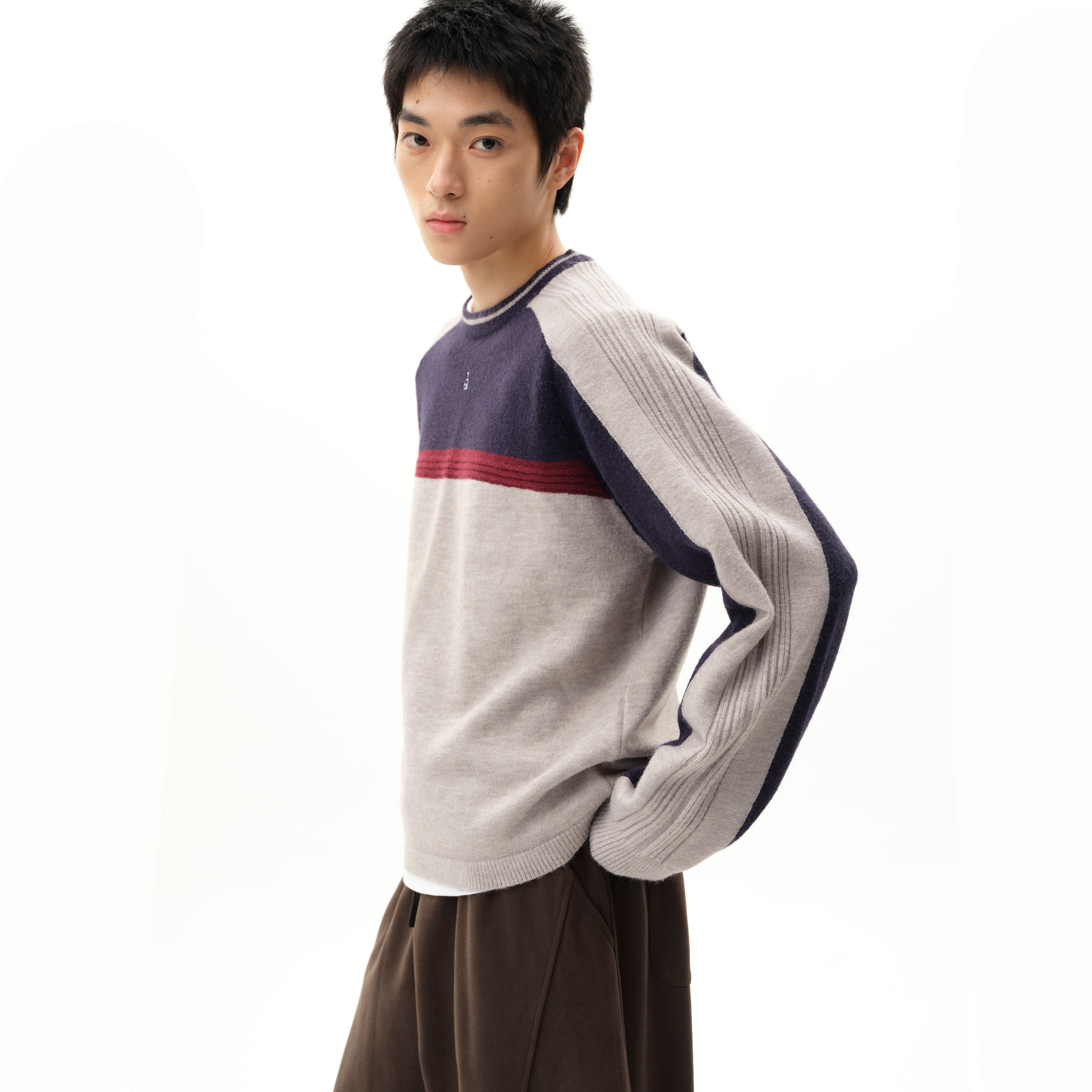 roaringwild a arch 咆哮野兽 撞色拼接圆领秋冬复古针织衫毛衣男,淘宝优惠券,粉丝福利购,淘宝优惠卷