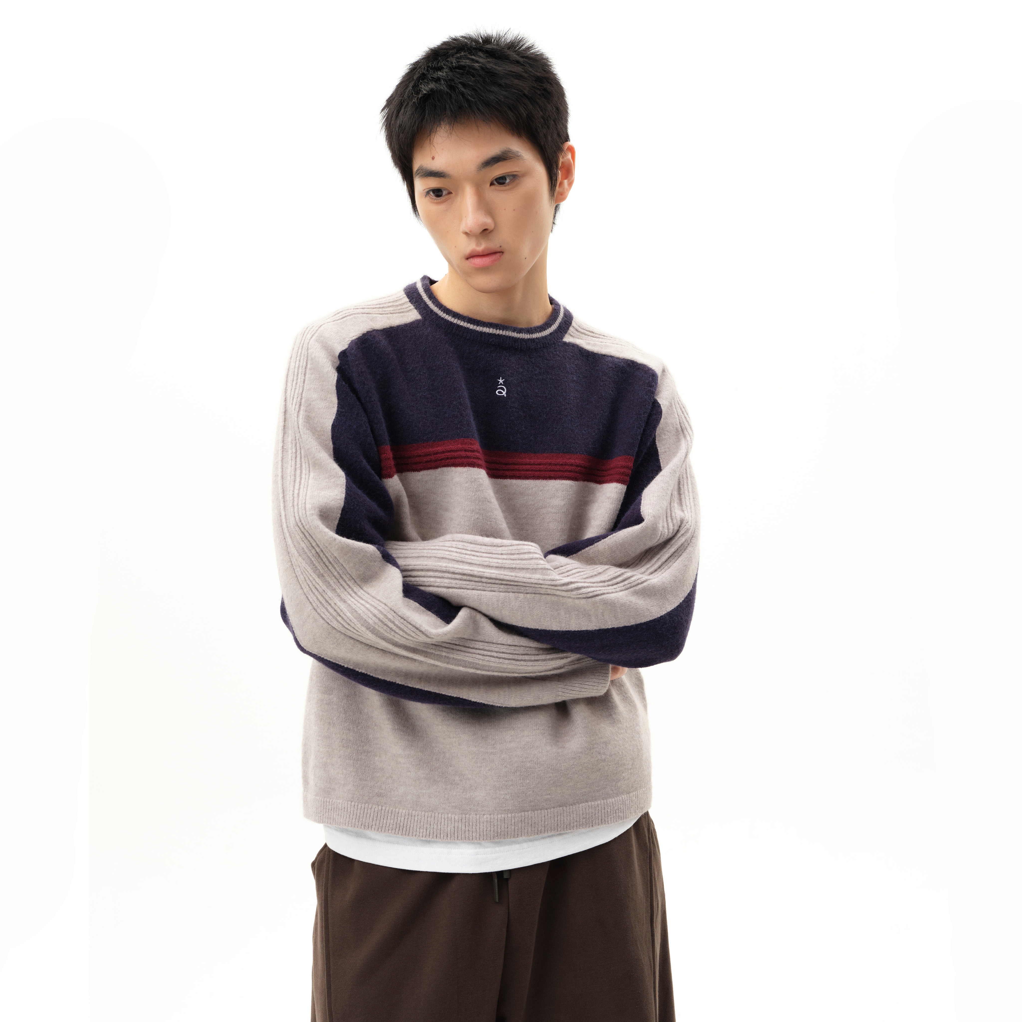 roaringwild a arch 咆哮野兽 撞色拼接圆领秋冬复古针织衫毛衣男,淘宝优惠券,粉丝福利购,淘宝优惠卷