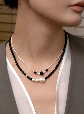 自然论白色米珠项链黑玛瑙百搭花毛衣链小众高级感