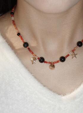 自然论深海项链南红玛瑙蓝铜矿石海洋吊坠彩色夏天锁骨链可爱原创