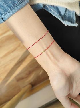 细本命红色编织银珠手绳手链ins