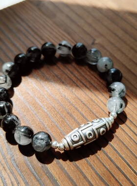 黑发晶天然石足银天珠文艺手串