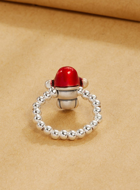 大慈足银S999小财神戒指指环小众设计银珠彩色滴胶财神弹力戒指