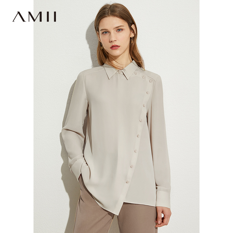 Amii2024夏季新款雪纺衬衫女设计感小众不对称衬衣职业装长袖上衣-图0