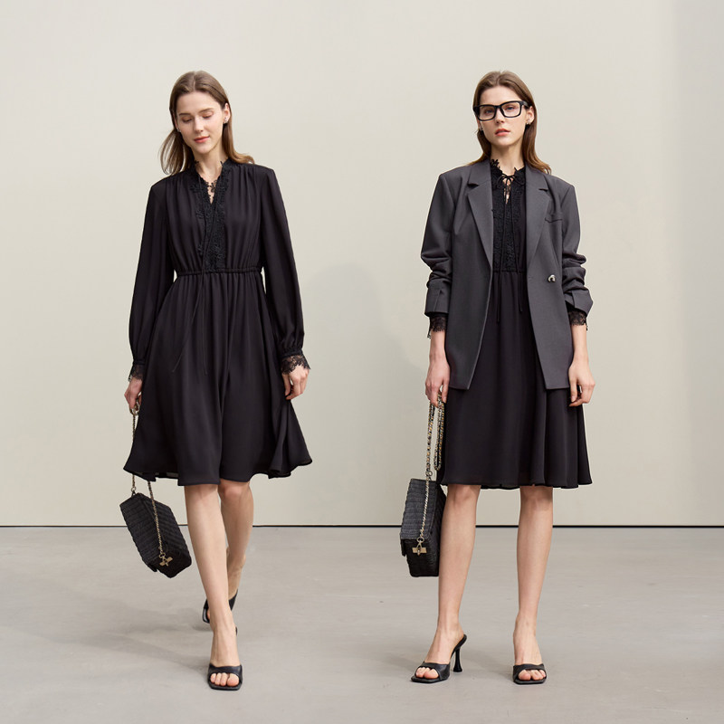 Amii2026春新款优雅浪漫法式风拼蕾丝绑带连衣裙女橡筋收腰雪纺裙,淘宝优惠券,粉丝福利购,淘宝优惠卷