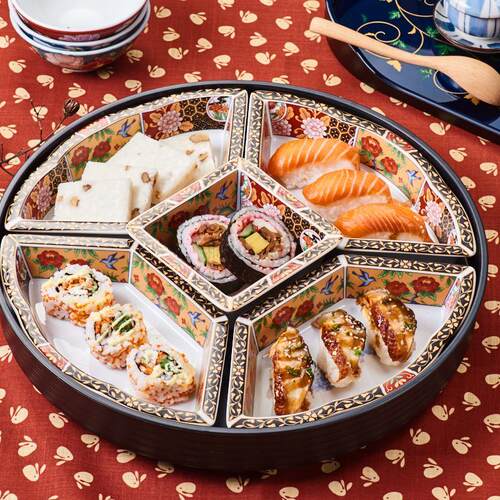 日本进口美浓烧旋转拼盘陶瓷多格干果盘零食点心坚果盘带盖托盘 - 图0