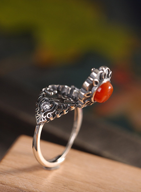 925纯银南红玛瑙国风戒指指环