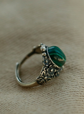 925纯银雕花复古孔雀石戒指环
