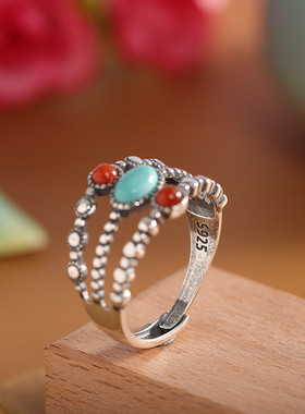 999.9足银烧蓝珐琅描金国潮戒指