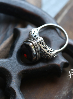 透辉石/石榴石戒指925纯银复古