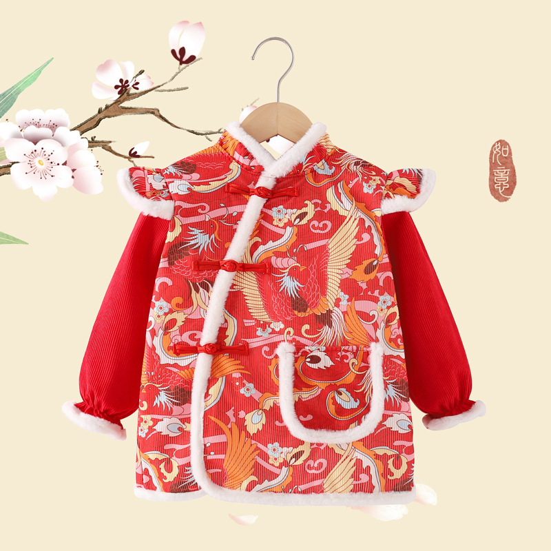 Chinese style baby smock, children's apron, reverse dressing, baby eating bib, autumn and winter long-sleeved waterproof outer protective clothing