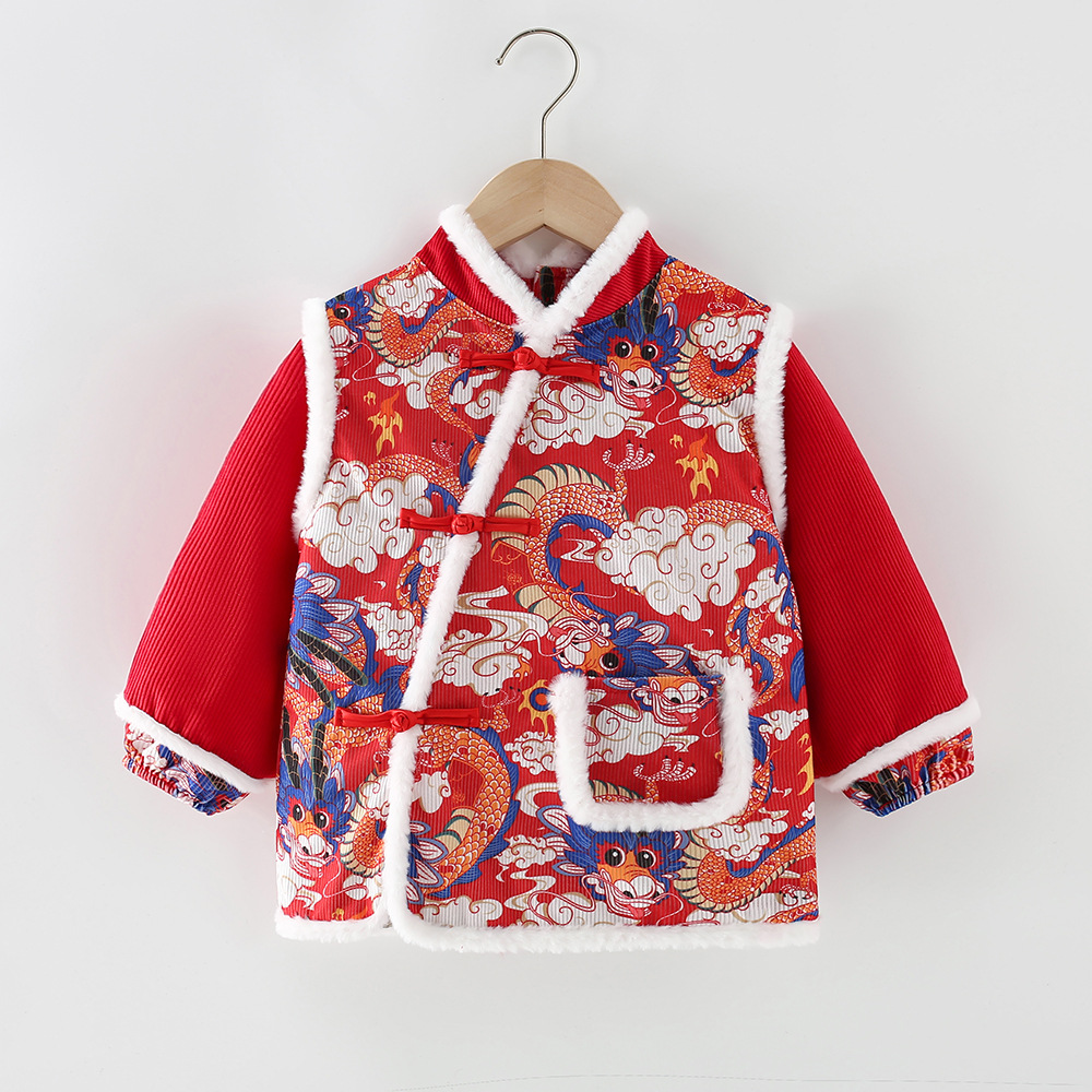 Chinese style baby smock, children's apron, reverse dressing, baby eating bib, autumn and winter long-sleeved waterproof outer protective clothing