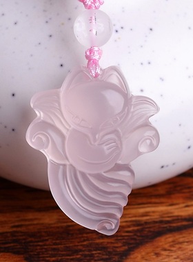 天然粉水晶狐狸吊坠紫晶九尾狐