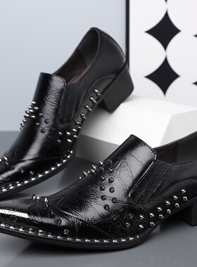男士大码正装复古铆钉钢包头皮鞋