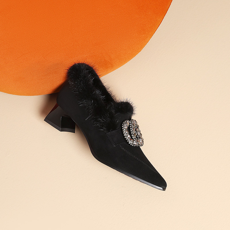 法式秋冬季新款加绒毛毛鞋水钻方扣粗跟尖头中跟真皮深口单鞋女鞋,淘宝优惠券,粉丝福利购,淘宝优惠卷