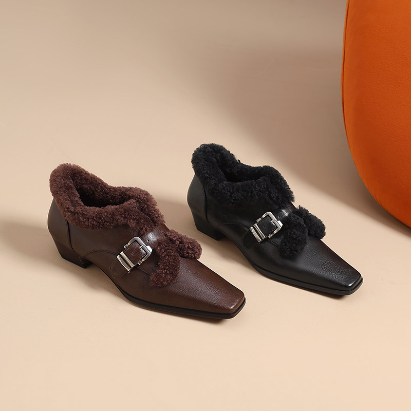 时尚百搭低跟小皮鞋舒适加绒保暖羊羔毛毛鞋真皮女鞋方头深口单鞋,淘宝优惠券,粉丝福利购,淘宝优惠卷