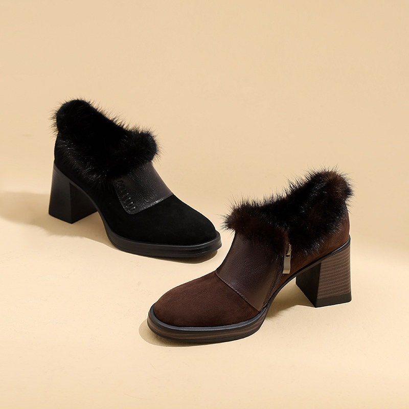 冬季新款羊皮拼接粗跟小皮鞋气质小个子高跟鞋时尚加绒深口单鞋女,淘宝优惠券,粉丝福利购,淘宝优惠卷