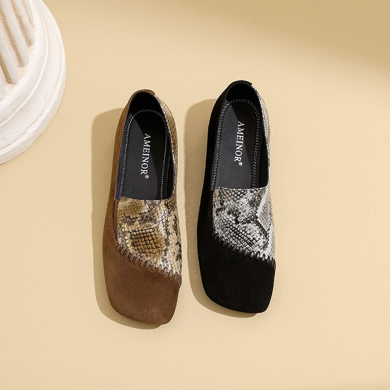 2025新款复古蛇纹拼接一脚蹬乐福鞋舒适方头低跟深口单鞋真皮女鞋,淘宝优惠券,粉丝福利购,淘宝优惠卷
