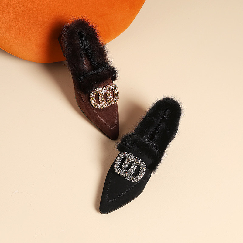 法式秋冬季新款加绒毛毛鞋水钻方扣粗跟尖头中跟真皮深口单鞋女鞋,淘宝优惠券,粉丝福利购,淘宝优惠卷