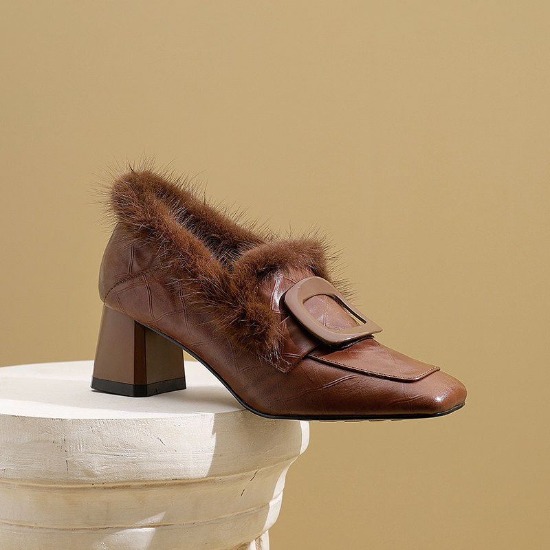 秋冬季新款方头一脚蹬小皮鞋洋气貂毛毛鞋加绒高跟粗跟深口单鞋女,淘宝优惠券,粉丝福利购,淘宝优惠卷