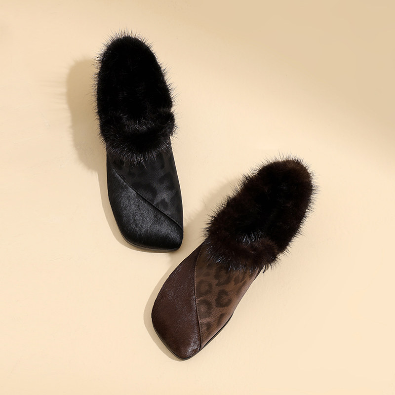 复古秋冬新款粗跟貂毛毛鞋豹纹马毛拼接小皮鞋加绒保暖深口单鞋女,淘宝优惠券,粉丝福利购,淘宝优惠卷