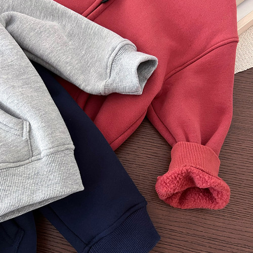 儿童加绒连帽拉链衫卫衣加厚外套~男童纯色摇粒绒保暖帽衫中大童 - 图2