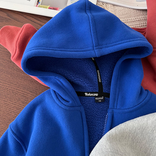 儿童加绒连帽拉链衫卫衣加厚外套~男童纯色摇粒绒保暖帽衫中大童 - 图1