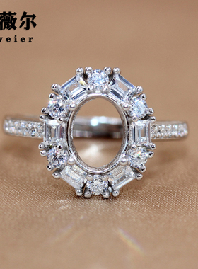 精工S925银戒指空托轻奢豪华女花朵造型镶钻开口戒指百搭饰品6*8