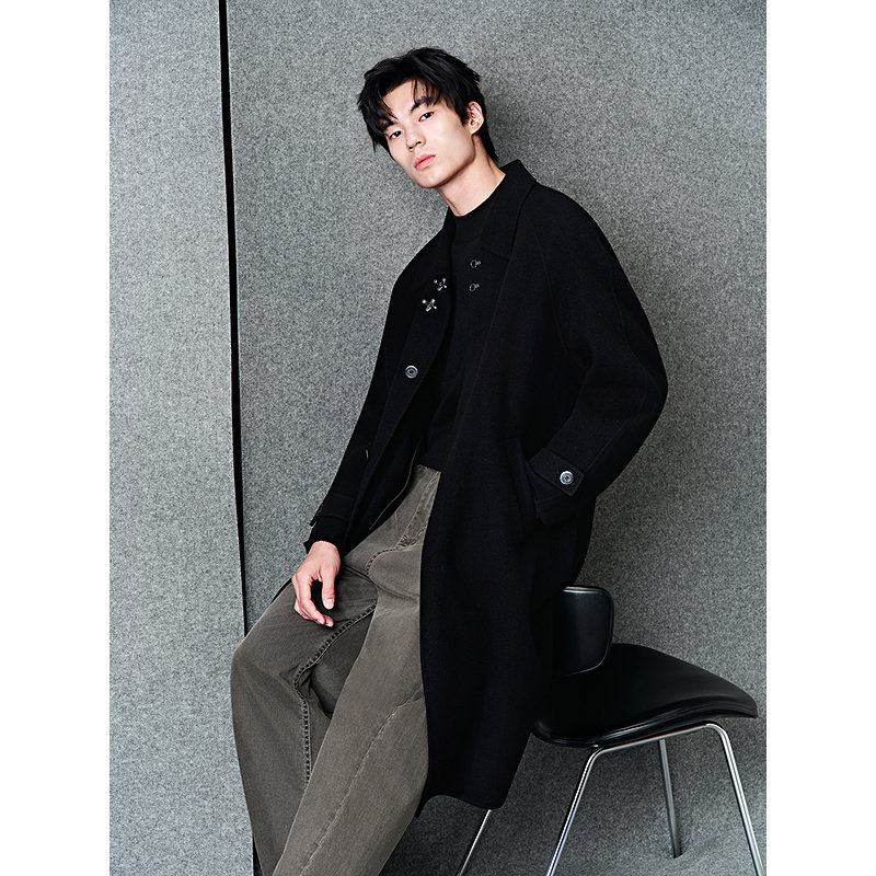 GXG男装 定织羊毛混纺飞机扣翻领设计时尚长款呢大衣 冬季热销