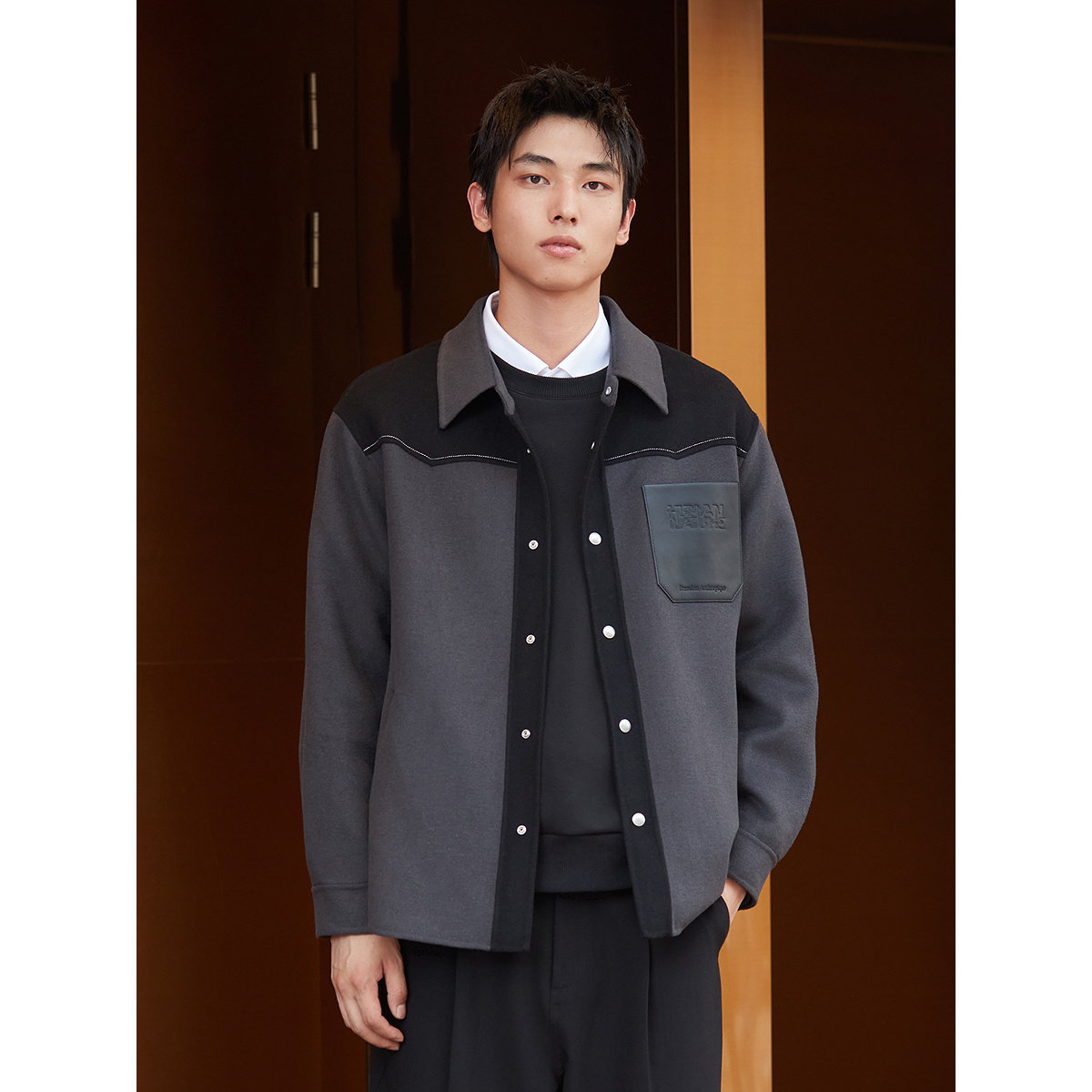 GXG男装 深灰色pu皮口袋拼接短款含羊毛大衣夹克外套  秋冬热销