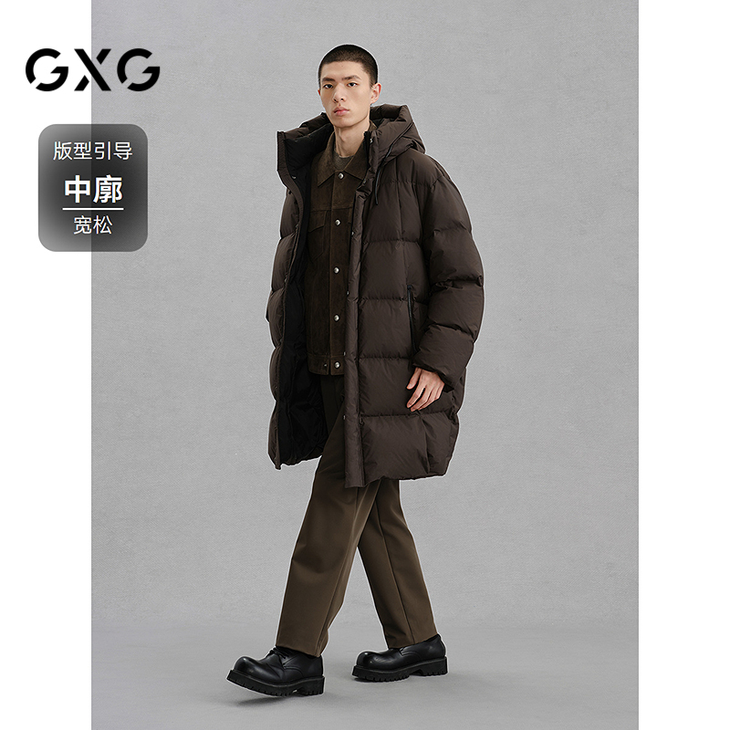 GXG男装 商场同款棕色连帽长款羽绒服通勤外套24冬新品G24XY14003 - 图0