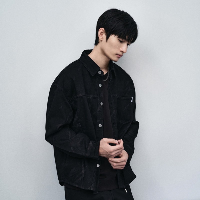 GXG男装 黑色激光烧花通勤牛仔衬衫 24春新品GFX1E900571